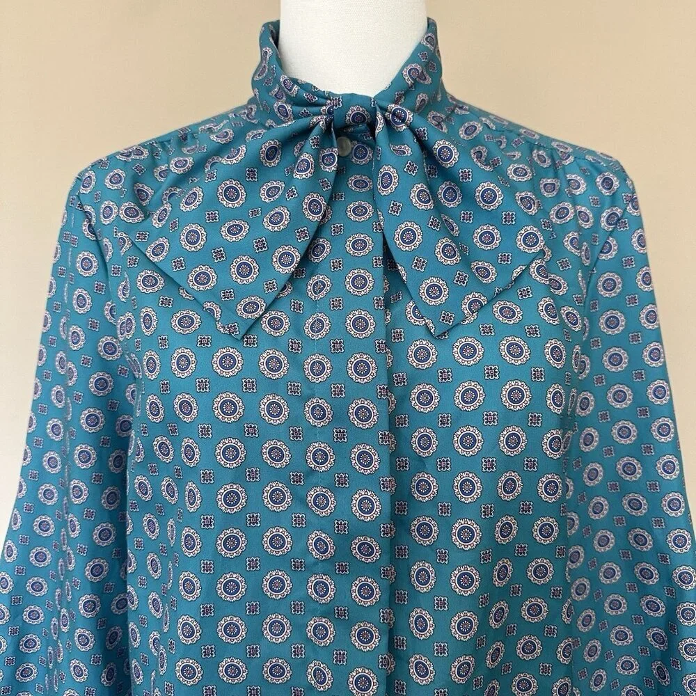 VTG Career Blouse w/ Neck Bow Button Shirt Women M Professional Office Tie Neck - Picture 5 of 9